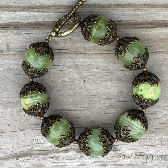 Chunky green jade gemstone bracelet with bronze accents - Picture 1 of 5